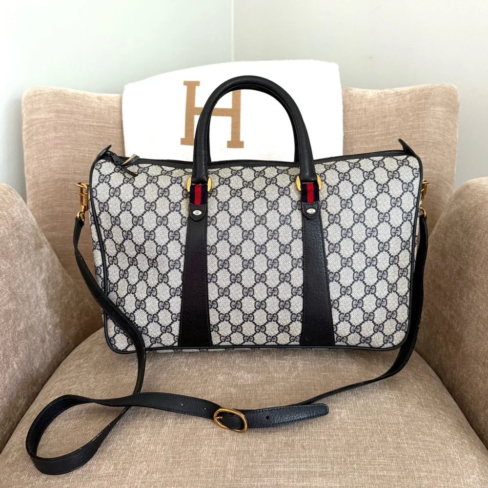 Authentic Gucci GG Supreme coated canvas  Boston Bag Satchel navy grey canvas